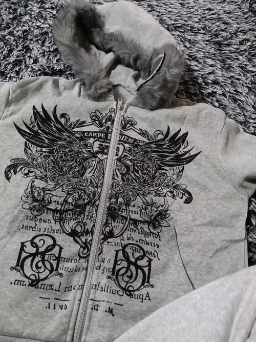 Hoodie Gótico con Cierre y Cuello de Pelo Sintético Gris