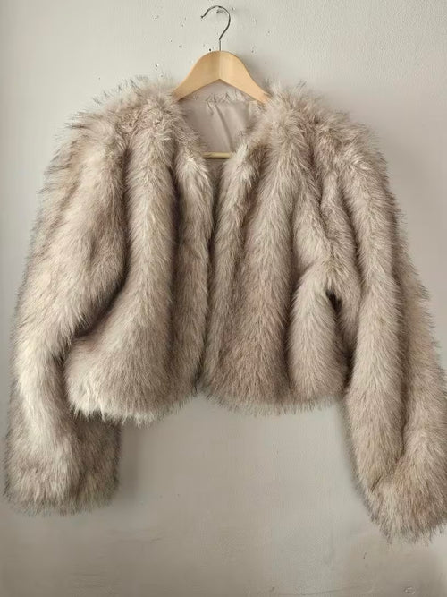 Chaqueta Faux Fur Gris Crop Oversized