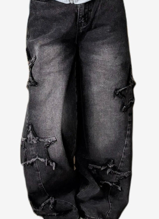 Jean Baggy Vintage Negro con Estrellas Deshilachadas