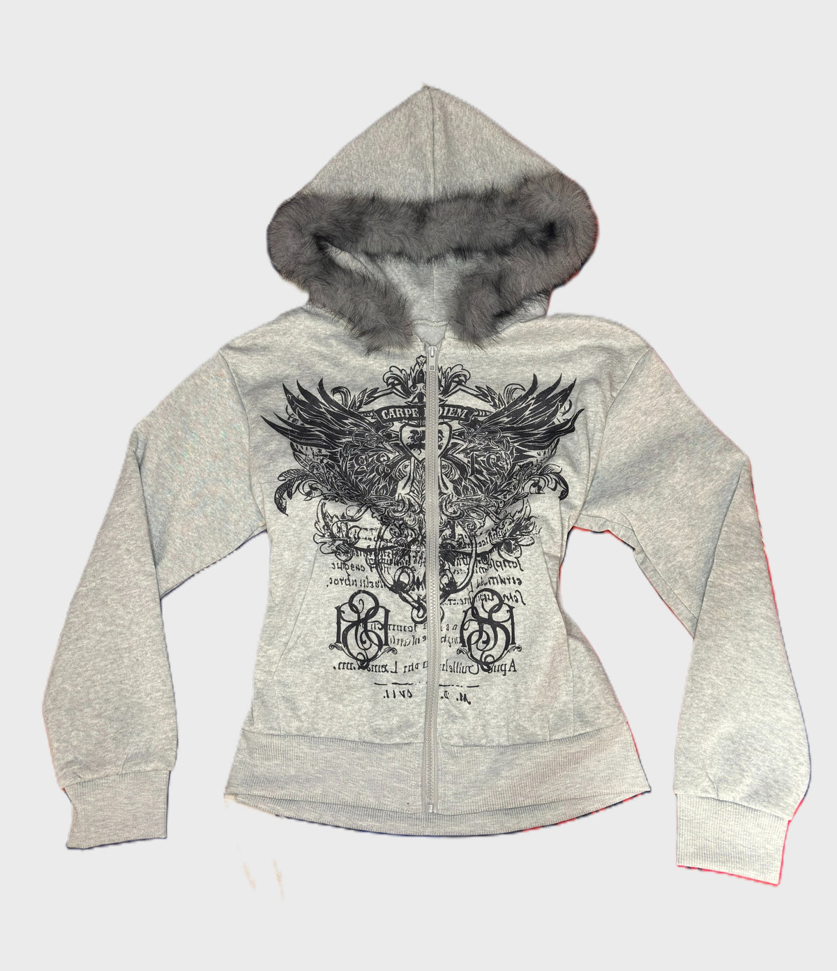 Hoodie Gótico con Cierre y Cuello de Pelo Sintético Gris