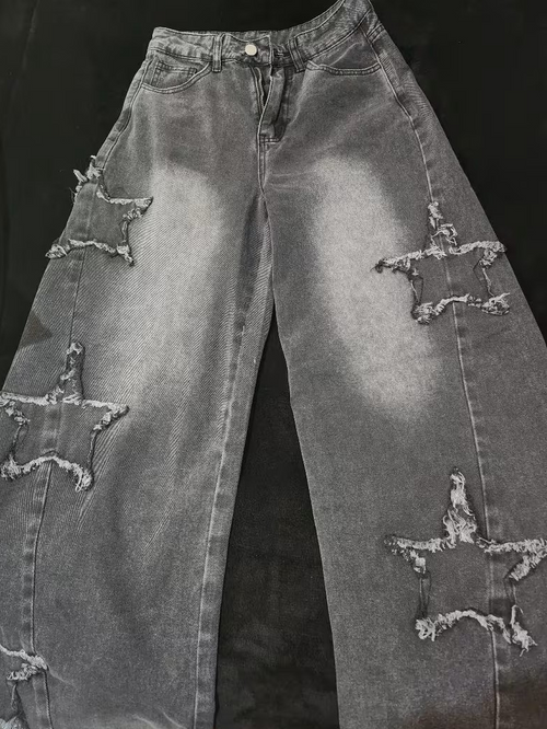 Jean Baggy Vintage Negro con Estrellas Deshilachadas