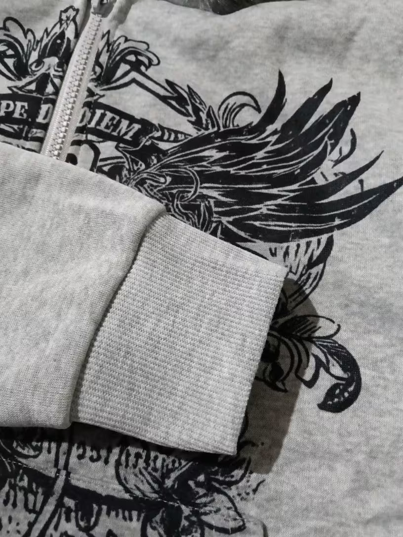 Hoodie Gótico con Cierre y Cuello de Pelo Sintético Gris